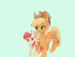 Size: 1280x970 | Tagged: safe, artist:laurasrxfgcc, artist:twico, imported from derpibooru, apple bloom, applejack, earth pony, pony, apple bloom's bow, applejack's hat, bow, cowboy hat, duo, duo female, female, filly, hair bow, hat, mare, siblings