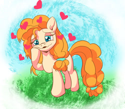 Size: 1280x1120 | Tagged: safe, artist:zeronixma, imported from derpibooru, pear butter, earth pony, pony, atg 2021, female, floating heart, heart, heart eyes, mare, newbie artist training grounds, scene interpretation, wingding eyes