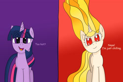 Size: 3600x2400 | Tagged: safe, artist:bestponies, imported from derpibooru, twilight sparkle, pony, unicorn, bedroom eyes, dialogue, eye clipping through hair, eyebrows, eyebrows visible through hair, female, high res, looking at you, mane of fire, mare, open mouth, open smile, rapidash twilight, simple background, smiling, talking, unicorn twilight