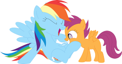 Size: 3586x1895 | Tagged: safe, artist:porygon2z, imported from derpibooru, rainbow dash, scootaloo, pegasus, pony, belly tickling, cute, cutealoo, dashabetes, duo, duo female, eyes closed, feather, female, filly, grin, high res, laughing, lesbian, mare, open mouth, open smile, shipping, simple background, smiling, tickling, transparent background