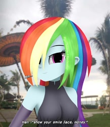 Size: 1080x1242 | Tagged: safe, artist:aryatheeditor, imported from derpibooru, rainbow dash, equestria girls, armpits, bare shoulders, beach, beautisexy, breasts, busty rainbow dash, cute, dashabetes, equestria girls in real life, faic, female, hair over one eye, indonesia, irl, looking at you, multicolored hair, photo, rainbow hair, sexy, sleeveless, smiling, smiling at you, smug, smugdash, solo