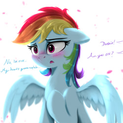 Size: 2000x2000 | Tagged: safe, artist:darksly, imported from derpibooru, rainbow dash, pegasus, pony, atg 2021, blushing, cute, dialogue, female, high res, implied twilight sparkle, mare, newbie artist training grounds, offscreen character, offscreen female, petals, raised hoof, shipping, simple background, solo, spread wings, white background, wings