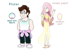 Size: 1596x1080 | Tagged: safe, artist:jvartes6112, imported from derpibooru, fluttershy, oc, human, clothes, crossover, duo, female, hair over one eye, humanized, male, pants, simple background, smiling, species swap, steven universe, transparent background
