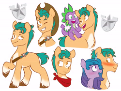 Size: 6000x4500 | Tagged: safe, artist:chub-wub, imported from derpibooru, hitch trailblazer, izzy moonbow, spike, dragon, earth pony, pony, unicorn, absurd resolution, bandana, belt, blushing, cowboy hat, female, g5, grin, hat, izzyhitch, male, mare, markings, one eye closed, open mouth, open smile, shipping, simple background, smiling, stallion, straight, unshorn fetlocks, white background, wink