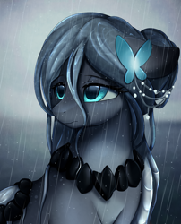 Size: 1424x1764 | Tagged: safe, artist:pridark, imported from derpibooru, oc, oc only, oc:raina, earth pony, pony, blue eyes, bust, commission, female, mare, portrait, pun, rain, solo, visual pun