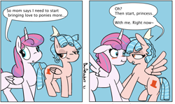 Size: 1817x1080 | Tagged: safe, artist:davierocket, imported from derpibooru, imported from ponybooru, cozy glow, princess flurry heart, alicorn, pegasus, pony, 2 panel comic, and then sex happened, blushing, comic, cozyheart, female, filly, flirting, flying, leg grab, lesbian, lidded eyes, older, older cozy glow, older flurry heart, shipping, simple background, speech bubble, spread wings, text, wings