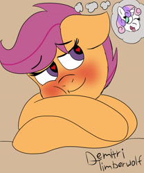 Size: 3000x3600 | Tagged: safe, artist:demitri, imported from derpibooru, scootaloo, sweetie belle, pegasus, pony, unicorn, blushing, crush, eyebrows, eyebrows visible through hair, female, floppy ears, heart eyes, high res, lesbian, newbie artist training grounds, one eye closed, open mouth, open smile, scootabelle, shipping, smiling, thought bubble, tongue out, wingding eyes, wink