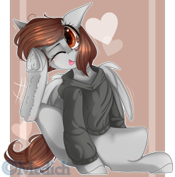 Size: 2121x2150 | Tagged: safe, artist:mediasmile666, imported from derpibooru, oc, oc only, pegasus, pony, clothes, eye clipping through hair, female, heart, high res, hoodie, looking at you, mare, one eye closed, pegasus oc, smiling, smiling at you, solo, tongue out, underhoof, wings