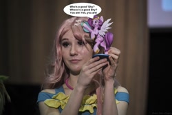 Size: 1280x853 | Tagged: safe, edit, imported from derpibooru, fluttershy, pipp petals, human, 2021, clothes, convention, cosplay, costume, cyrillic, g5, irl, irl human, newbronycon, photo, rubronycon, russian