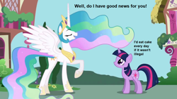 Size: 1280x720 | Tagged: safe, edit, edited screencap, imported from derpibooru, screencap, princess celestia, twilight sparkle, friendship is magic, animation error, cake, duo, eyes closed, food