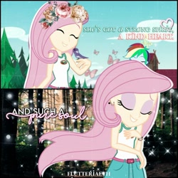 Size: 1080x1080 | Tagged: safe, edit, edited screencap, editor:flutteriaeth, imported from derpibooru, screencap, fluttershy, rainbow dash, bird, equestria girls, legend of everfree, legend of everfree - bloopers, belt, camp everfree outfits, clothes, cute, duo, duo female, eyes closed, female, shyabetes, skirt, sleeveless, tanktop