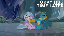 Size: 1280x720 | Tagged: safe, edit, edited screencap, editor:quoterific, imported from derpibooru, screencap, gallus, silverstream, griffon, hippogriff, season 8, what lies beneath, spoiler:s08, duo, female, male, open mouth, wide eyes