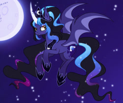 Size: 1395x1170 | Tagged: safe, artist:moonbatz, imported from derpibooru, oc, oc only, oc:stella luna, alicorn, pony, female, flying, mare, moon, night, solo