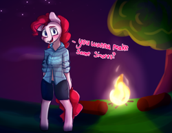 Size: 4500x3500 | Tagged: safe, artist:packy paca, imported from derpibooru, pinkie pie, anthro, pony, semi-anthro, blushing, campfire, clothes, female, furry, high res, log, looking at you, open mouth, open smile, smiling, smiling at you, solo, standing, talking, talking to viewer, text, tree