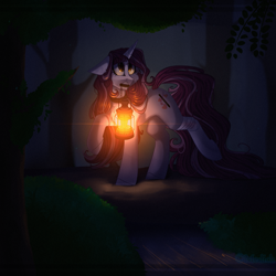 Size: 2449x2449 | Tagged: safe, artist:mediasmile666, imported from derpibooru, oc, oc only, pony, unicorn, bandage, bush, female, floppy ears, high res, horn, lamp, lantern, mare, mouth hold, night, outdoors, raised hoof, raised leg, solo, tree, unicorn oc