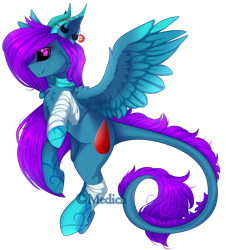 Size: 2329x2575 | Tagged: safe, artist:mediasmile666, imported from derpibooru, oc, oc only, pony, bandage, coat markings, high res, horn, leonine tail, simple background, smiling, solo, spread wings, transparent background, wings