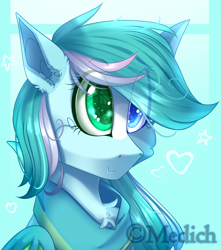 Size: 2022x2283 | Tagged: safe, artist:mediasmile666, imported from derpibooru, oc, oc only, bat pony, pony, abstract background, bat pony oc, bat wings, bust, chest fluff, eye clipping through hair, eyebrows, eyebrows visible through hair, female, heterochromia, high res, mare, smiling, solo, wings