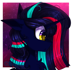 Size: 1510x1480 | Tagged: safe, artist:mediasmile666, imported from derpibooru, oc, oc only, pony, unicorn, abstract background, bust, female, frown, horn, mare, profile, side view, solo, unicorn oc