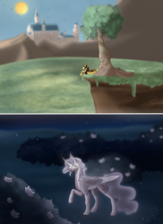 Size: 3400x4680 | Tagged: safe, artist:pokaparida, imported from derpibooru, daybreaker, princess celestia, princess luna, alicorn, pony, alternate design, duo, duo female, female, glowing eyes, high res, mare, tree