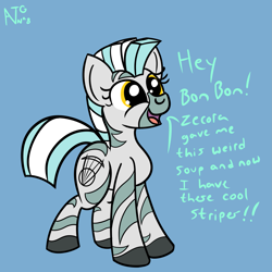 Size: 1999x1999 | Tagged: safe, artist:dafiltafish, imported from derpibooru, lyra heartstrings, pony, zebra, atg 2021, blue background, cute, dialogue, female, implied bon bon, lyrabetes, mare, newbie artist training grounds, simple background, solo, species swap, zebrafied