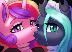 Size: 1900x1375 | Tagged: safe, artist:mrscroup, imported from derpibooru, princess cadance, queen chrysalis, alicorn, changeling, changeling queen, pony, cadalis, clothes, female, heart eyes, infidelity, kissing, lesbian, maid, mare, shipping, wingding eyes