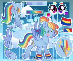 Size: 3600x3000 | Tagged: safe, artist:camikamen, imported from derpibooru, rainbow dash, pony, alternate cutie mark, alternate hairstyle, high res, one eye closed, reference sheet, solo, two toned wings, wings, wink