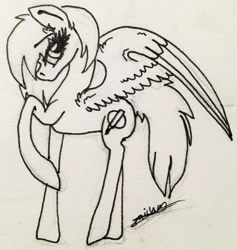 Size: 2196x2318 | Tagged: safe, artist:beamybutt, imported from derpibooru, oc, oc only, pegasus, pony, eyelashes, female, high res, lineart, mare, pegasus oc, raised hoof, signature, solo, traditional art, wings
