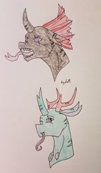 Size: 1705x2923 | Tagged: safe, artist:agdapl, imported from derpibooru, pharynx, changedling, changeling, bust, duo, fangs, male, prince pharynx, reference sheet, solo, tongue out, traditional art