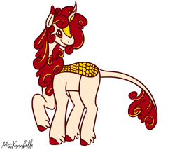 Size: 1750x1500 | Tagged: safe, artist:misskanabelle, imported from derpibooru, oc, oc only, oc:petal blaze, kirin, kirin oc, leonine tail, looking back, raised hoof, signature, smiling, solo