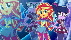 Size: 1920x1080 | Tagged: safe, artist:pegasski, artist:pinkiespartygirl, imported from derpibooru, sci-twi, sunset shimmer, twilight sparkle, equestria girls, friendship games, clothes, female, glasses, hand on hip, open mouth, skirt, smiling, zoom layer