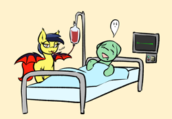 Size: 1300x900 | Tagged: safe, artist:lyrabop, imported from derpibooru, oc, oc only, oc:cheeseblood, bat pony, ghost, pony, undead, :3, bat pony oc, bat wings, bed, blood, blood pack, death, drinking, drinking blood, duo, female, heart rate monitor, mattress, simple background, spread wings, sucking blood, wings