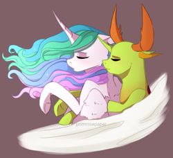 Size: 1280x1167 | Tagged: safe, artist:primrosepaper, imported from derpibooru, princess celestia, thorax, alicorn, changedling, changeling, pony, brown background, bust, cuddling, eyes closed, feather, female, flowing mane, horn, horns, king thorax, male, mare, shipping, simple background, sleeping, snuggling, spooning, straight, thoralestia, wings