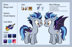 Size: 5155x3422 | Tagged: safe, artist:alexdti, imported from derpibooru, oc, oc only, oc:mango swirl, bat pony, pony, female, mare, reference sheet, solo