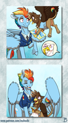 Size: 1101x1980 | Tagged: safe, artist:inuhoshi-to-darkpen, imported from derpibooru, gilda, rainbow dash, oc, oc:gregory, griffon, pegasus, :i, adopted offspring, clothes, cute, ear fluff, eyes closed, fan, griffon oc, hoof fluff, necktie, older, older rainbow dash, open mouth, parent:gilda, parent:greta, parents:grelda, poster, rainbow tail, speech bubble, uniform, wing fluff, wonderbolts dress uniform