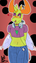 Size: 1622x2796 | Tagged: safe, artist:fetishsketches, imported from derpibooru, thorax, anthro, changedling, changeling, belly button, blushing, clothes, collar, commission, commissioner:navelcolt, femboy, headphones, high res, horn, horn ring, jeans, king thorax, looking at you, male, open mouth, open smile, pants, ring, short shirt, smiling, smiling at you, solo