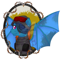 Size: 1920x1886 | Tagged: safe, artist:spokenmind93, imported from derpibooru, oc, oc only, oc:crosshair, bat pony, pony, armor, barbed wire, bat pony oc, bat wings, bust, eyepatch, goggles, helmet, obtrusive watermark, portrait, rusted, scar, solo, watermark, wings