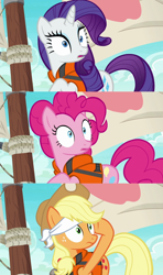 Size: 1280x2160 | Tagged: safe, edit, imported from derpibooru, screencap, applejack, pinkie pie, rarity, ppov, blindfold, comparison, lifejacket, looking back, sailboat, surprised