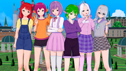 Size: 8000x4500 | Tagged: safe, artist:kokonashi, imported from derpibooru, apple bloom, diamond tiara, scootaloo, silver spoon, spike, sweetie belle, human, 3d, clothes, cutie mark crusaders, elf ears, explicit source, female, group photo, humanized, koikatsu, male, winged humanization, wings