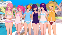 Size: 8000x4500 | Tagged: safe, artist:kokonashi, imported from derpibooru, applejack, fluttershy, pinkie pie, rainbow dash, rarity, twilight sparkle, human, 3d, absurd file size, absurd resolution, belly button, bikini, blushing, breasts, busty fluttershy, charastudio, clothes, elf ears, explicit source, female, females only, grin, group photo, humanized, koikatsu, looking at you, mane six, mmd, open mouth, open smile, smiling, smiling at you, swimming pool, swimsuit, tan lines, winged humanization, wings, younger