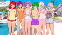 Size: 8000x4500 | Tagged: safe, artist:kokonashi, imported from derpibooru, apple bloom, diamond tiara, scootaloo, silver spoon, spike, sweetie belle, human, 3d, belly button, clothes, cutie mark crusaders, elf ears, explicit source, female, group photo, humanized, koikatsu, male, male nipples, nipples, nudity, one-piece swimsuit, swimming pool, swimming trunks, swimsuit, tan lines, winged humanization, wings