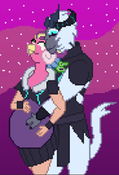 Size: 605x891 | Tagged: safe, artist:jacalope, imported from derpibooru, princess eris, storm king, draconequus, yeti, my little pony: the movie, eristorm, female, hand on belly, happy, male, pixel art, pregnant, shipping, straight