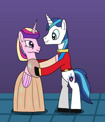 Size: 1280x1481 | Tagged: safe, artist:platinumdrop, imported from derpibooru, princess cadance, shining armor, alicorn, pony, unicorn, bipedal, clothes, dancing, dress, duo, female, gown, labyrinth, looking at each other, male, mare, request, shiningcadance, shipping, smiling, smiling at each other, stallion, straight, uniform