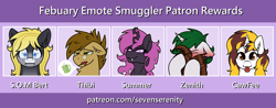 Size: 3572x1407 | Tagged: safe, artist:sevenserenity, imported from derpibooru, oc, oc:coco (changeling), oc:crashing thunder, oc:thistle down, oc:zenith night, changeling, earth pony, pegasus, pony, unicorn, :p, blushing, changeling oc, clothes, coffee, emotes, jim face, mug, patreon, patreon reward, piercing, purple changeling, scarf, speech bubble, tongue out