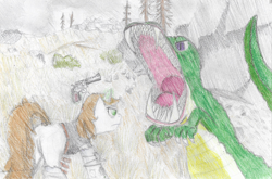 Size: 2464x1627 | Tagged: safe, artist:toshimatsu, derpibooru exclusive, imported from derpibooru, oc, oc only, oc:littlepip, pony, unicorn, fallout equestria, attack on pony, butt, clothes, fanfic, fanfic art, glowing horn, gun, horn, magic, pipbuck, plot, radigator, raider armor, tail, telekinesis, traditional art, vest, weapon