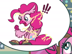 Size: 1800x1350 | Tagged: safe, artist:flutterluv, imported from derpibooru, pinkie pie, earth pony, hippogriff, pony, atg 2021, book, exclamation point, hippogriffied, magic, newbie artist training grounds, solo, species swap, speech bubble, transformation