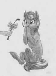 Size: 2334x3138 | Tagged: safe, artist:joestick, imported from derpibooru, oc, oc only, pony, unicorn, bow, female, high res, monochrome, offscreen character, present, riding crop, traditional art