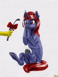 Size: 2383x3122 | Tagged: safe, artist:joestick, editor:vedont, imported from derpibooru, oc, oc only, pony, unicorn, bow, colored, female, high res, offscreen character, present, riding crop