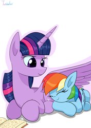 Size: 2480x3507 | Tagged: safe, artist:twidasher, imported from derpibooru, rainbow dash, twilight sparkle, alicorn, pegasus, pony, book, butt pillow, duo, eyes closed, female, happy, high res, hug, lesbian, mare, shipping, signature, simple background, size difference, sleeping, smiling, twidash, twilight sparkle (alicorn), white background, wing blanket, winghug, wings