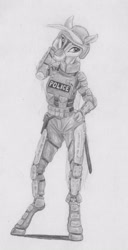 Size: 2174x4232 | Tagged: safe, artist:joestick, imported from derpibooru, oc, oc only, anthro, earth pony, unguligrade anthro, armor, female, helmet, knee pads, mask, monochrome, police, police pony, pouch, swat, traditional art