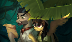 Size: 1800x1045 | Tagged: safe, artist:switchsugar, imported from derpibooru, daring do, doctor caballeron, earth pony, pegasus, pony, digital painting, jungle, leaf, map